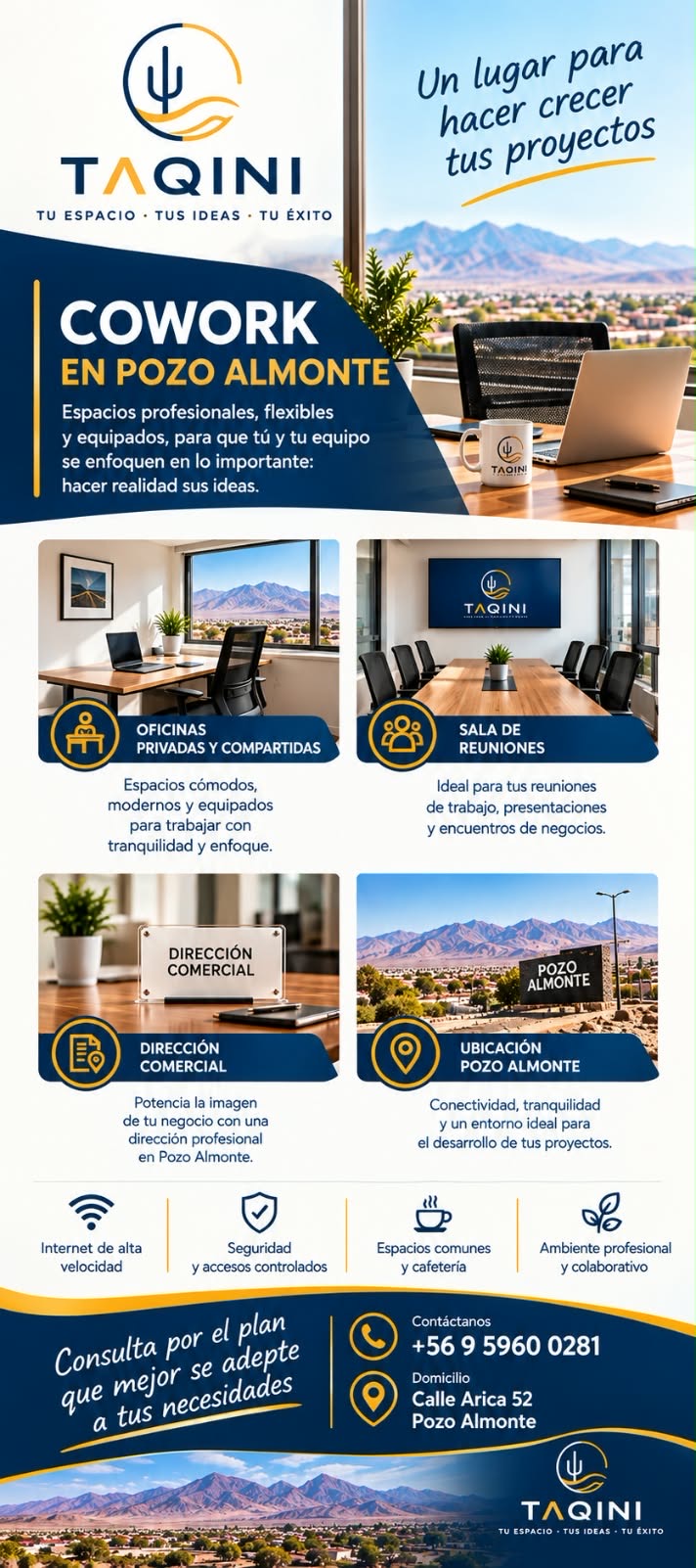 Flyer TAQINI Cowork en Pozo Almonte. Oficinas privadas y compartidas, sala de reuniones y dirección comercial. Contacto +56 9 5960 0281. Calle Arica 52, Pozo Almonte.